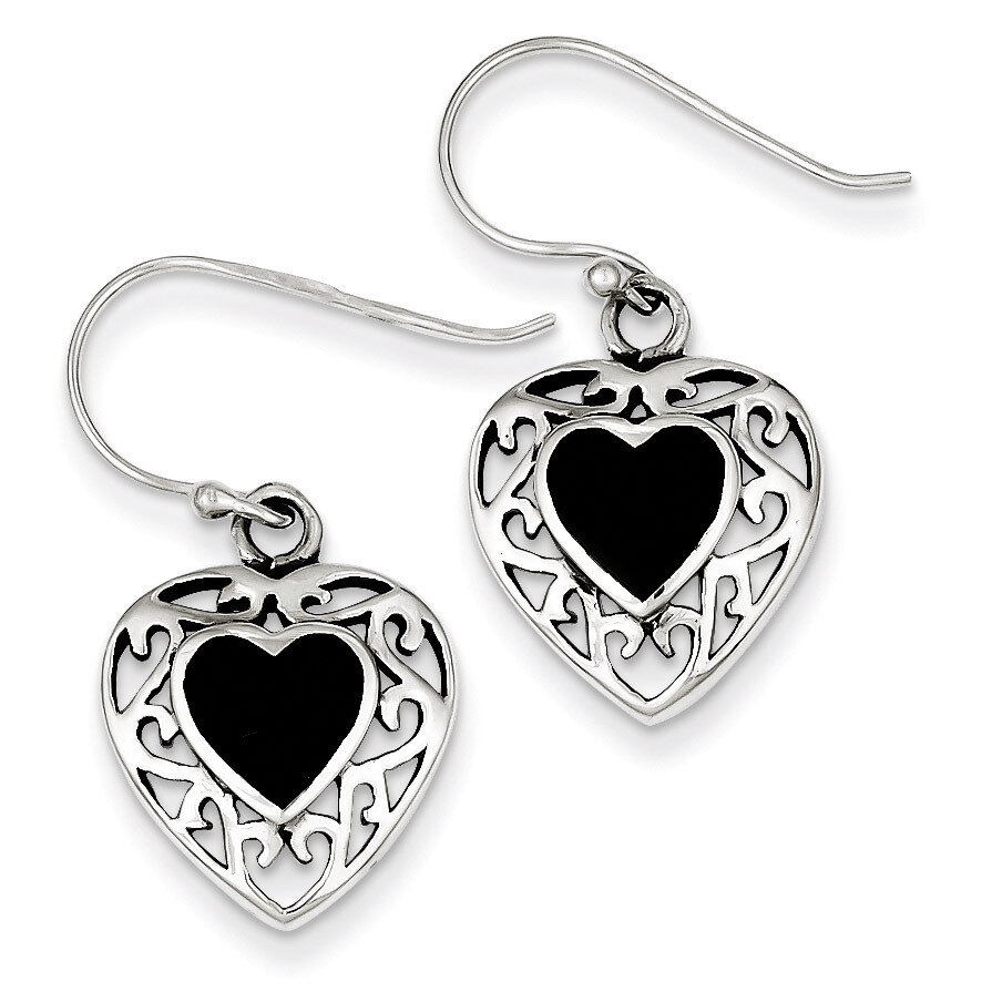 Onyx Heart Shepherd Hook Antiqued Earrings Sterling Silver QE8717, MPN: QE8717, 883957008493