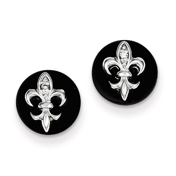 Fleur de Lis on Onyx Circle Stud Earrings Sterling Silver Diamond QE9089, MPN: QE9089, 883957551951