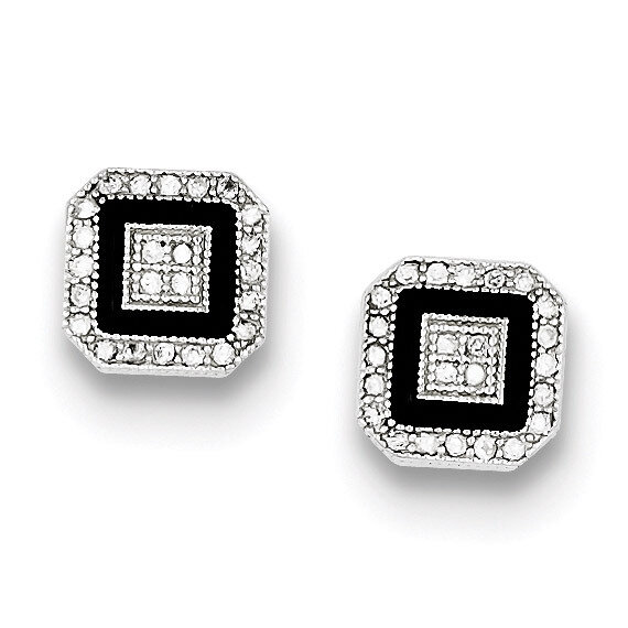 Pave Black Enamel Square Post Earrings Sterling Silver Diamond QE9117