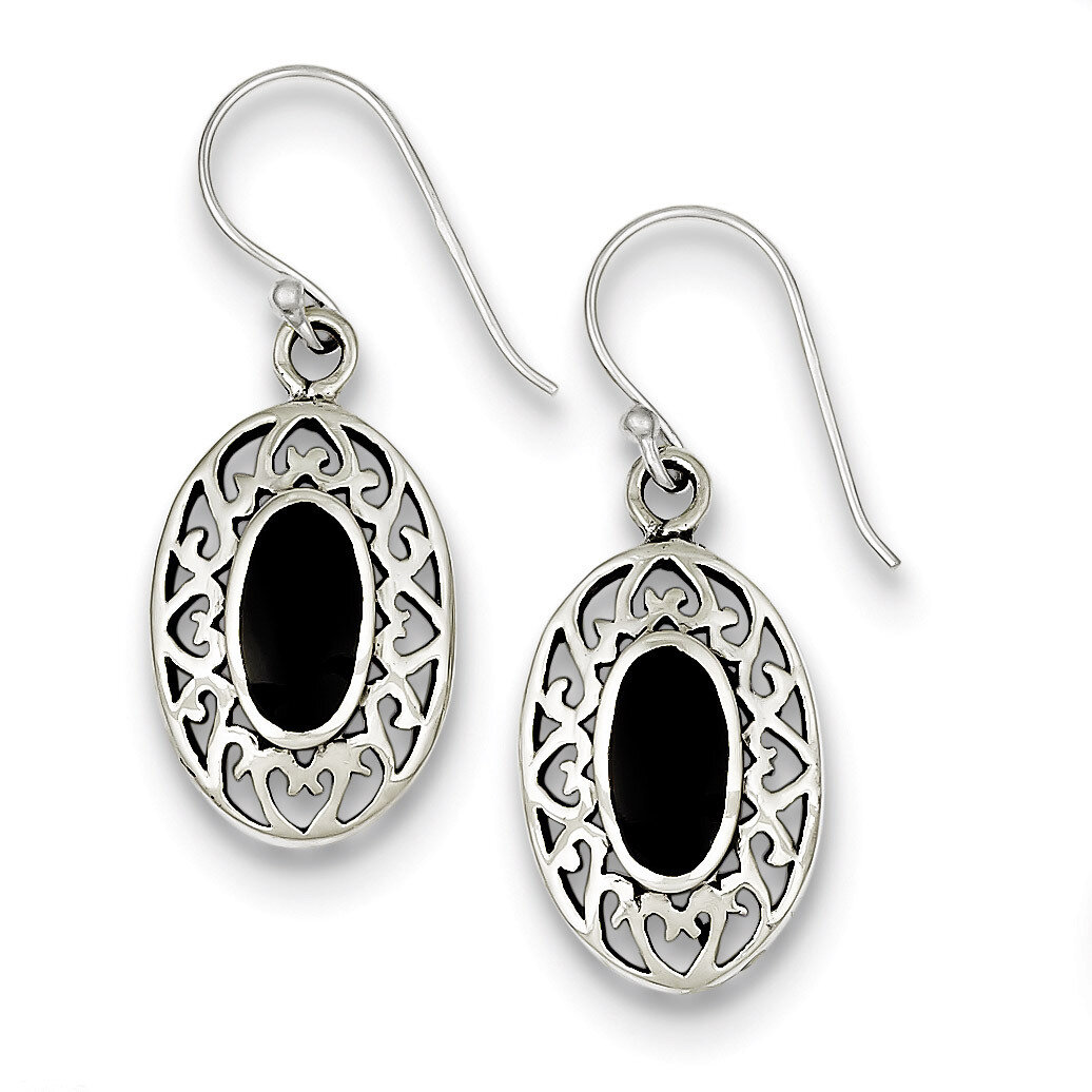 Oval Onyx Shepherd Hook Antiqued Earrings Sterling Silver QE9387, MPN: QE9387, 883957525983