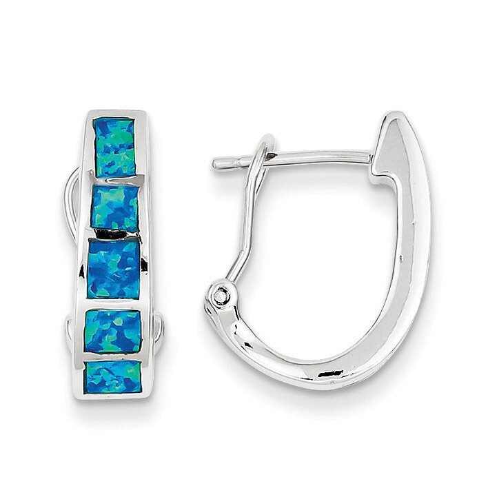 Blue Inlay Created Opal Squares Hoop Earrings Sterling Silver QE9409