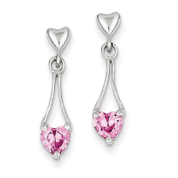 Pink Diamond Heart Post Dangle Earrings Sterling Silver Polished QE9417