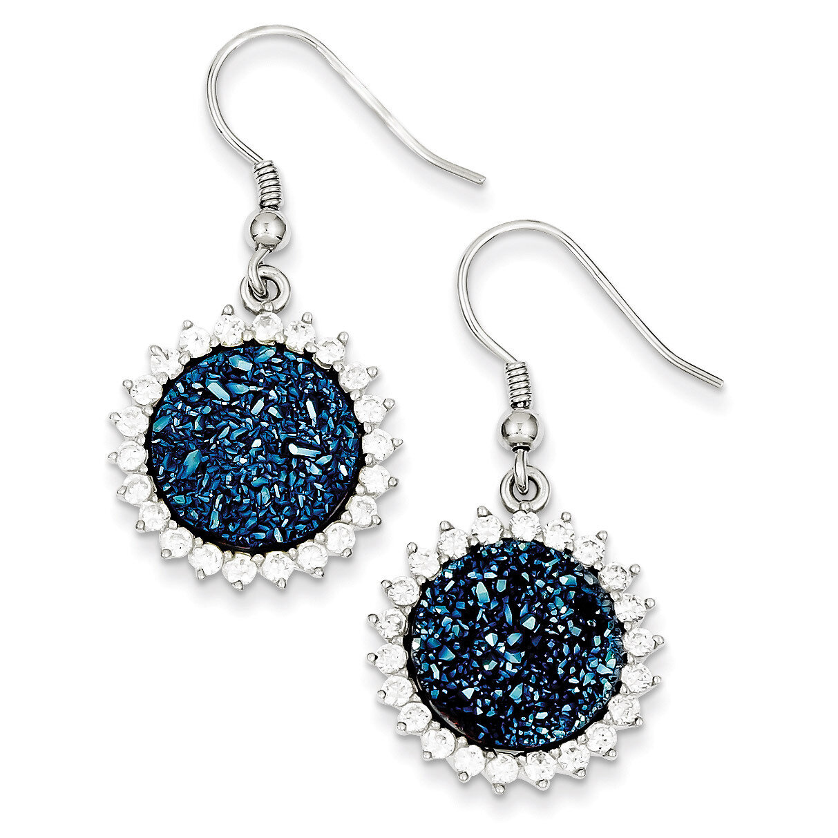 Blue Druzy & Diamond Round Shepherd Hook Earrings Sterling Silver QE9621