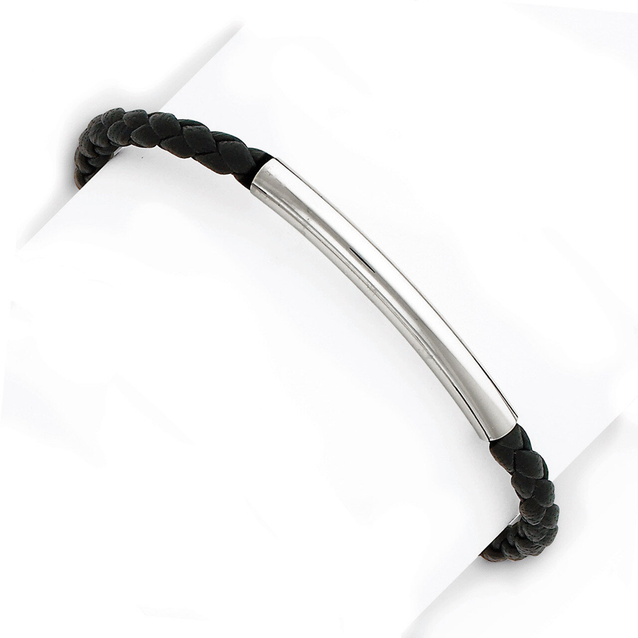 7 Inch Braided Black Leather Bracelet Sterling Silver QG1083-7, MPN: QG1083-7, 883957992907