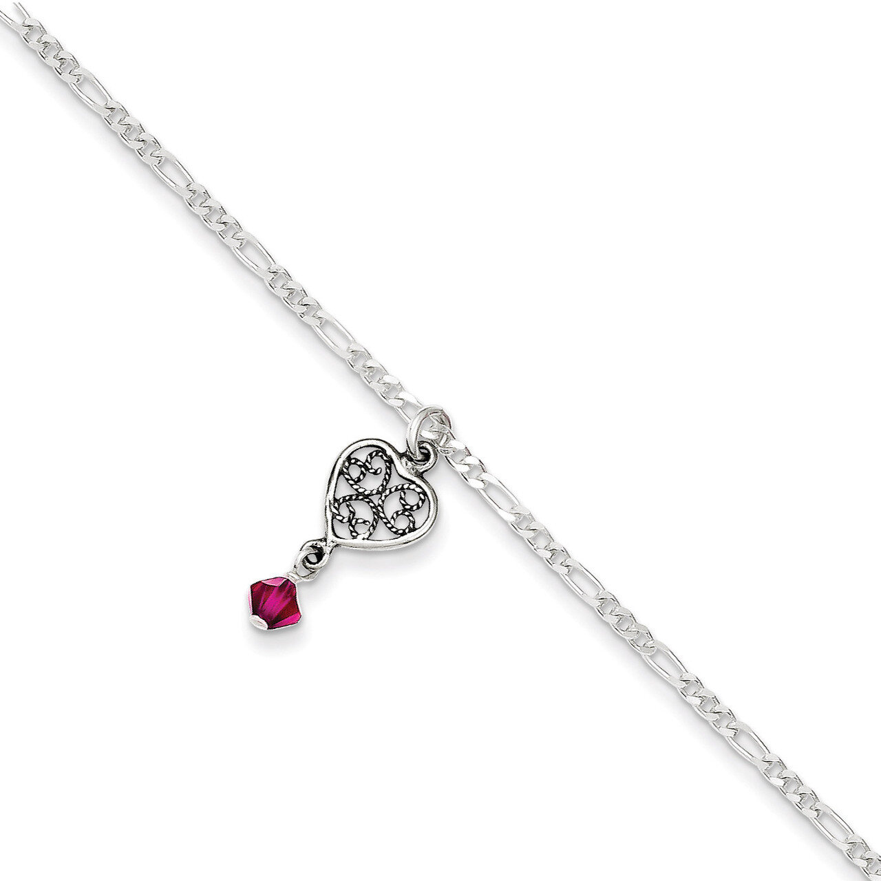 10 Inch Dark Pink Crystals Dangling Hearts Anklet Antiqued Sterling Silver QG1209-10, MPN: QG1209-1…