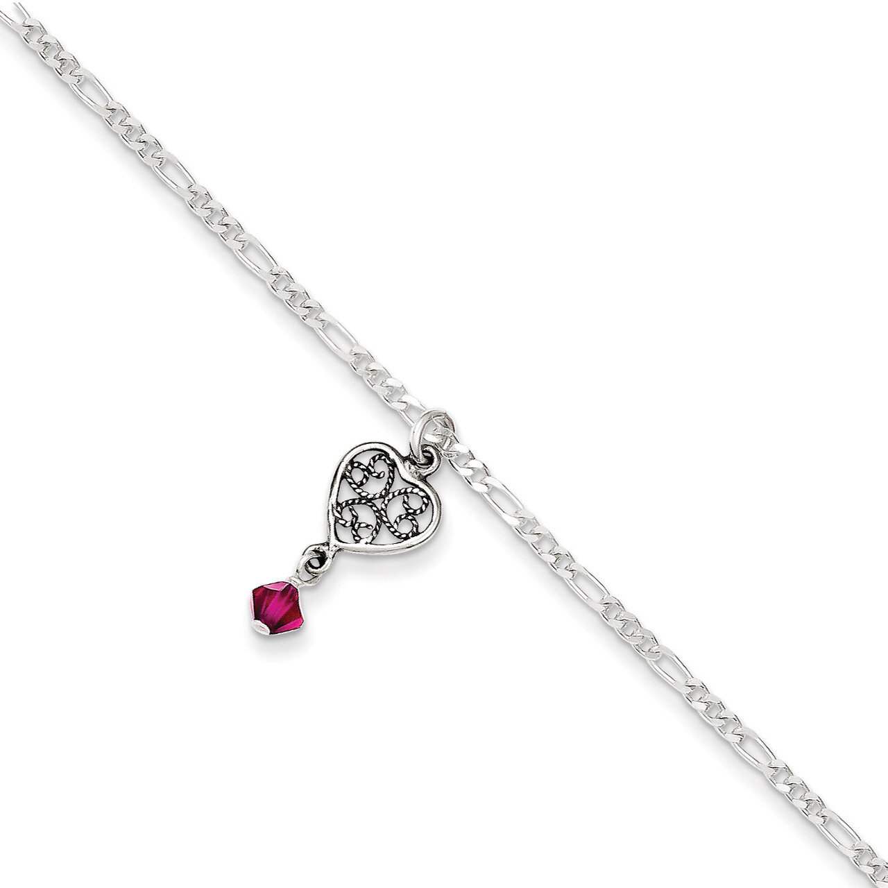 9 Inch Dark Pink Crystals Dangling Hearts Anklet Antiqued Sterling Silver QG1209-9