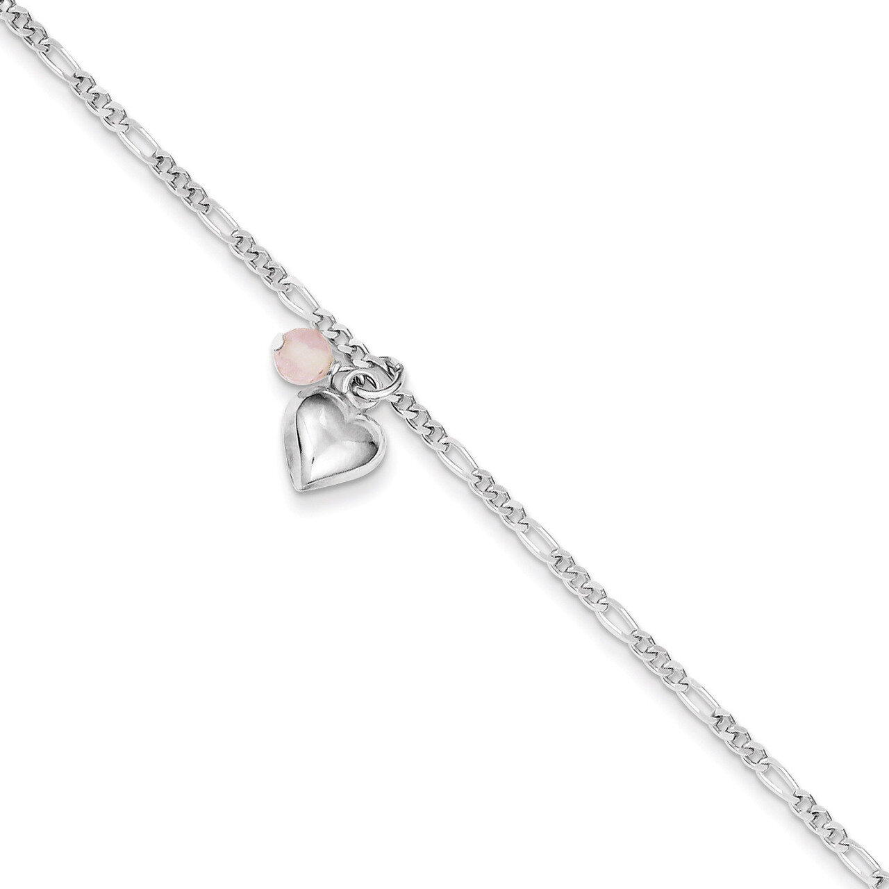 9 Inch Cherry Quartz &amp; Dangling Hearts on Figaro Link Anklet Sterling Silver QG1214-9, MPN: QG1214-…