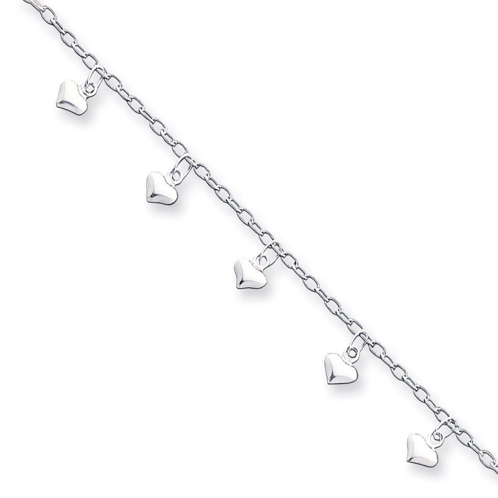 9 Inch Puffed Heart Anklet Sterling Silver Polished QG1227-9