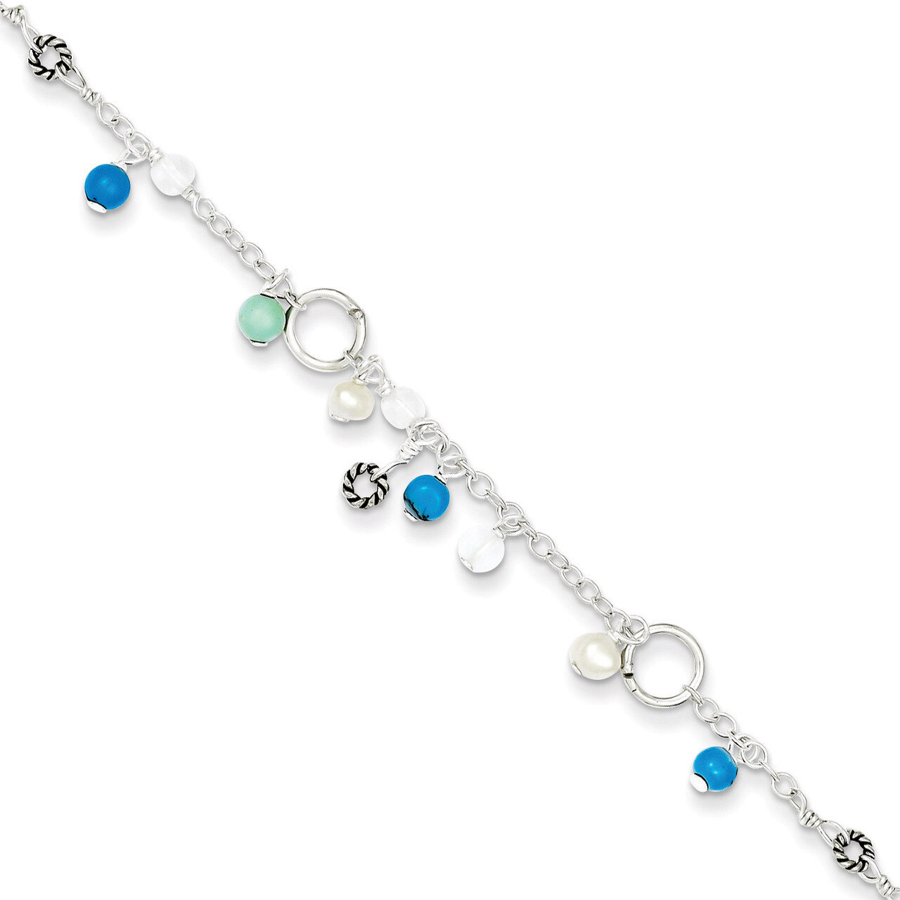 9 Inch Turquoise Clear Bead Cultured Pearl Anklet Sterling Silver QG1392-9