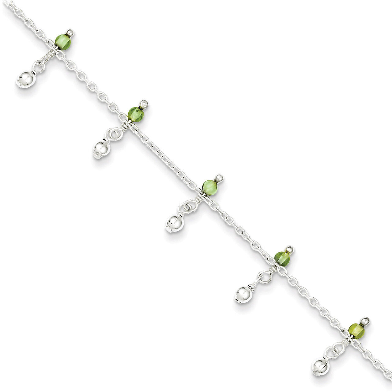 9 Inch Peridot Bead Ankle Bracelet Sterling Silver QG1398-9, MPN: QG1398-9, 191101275487