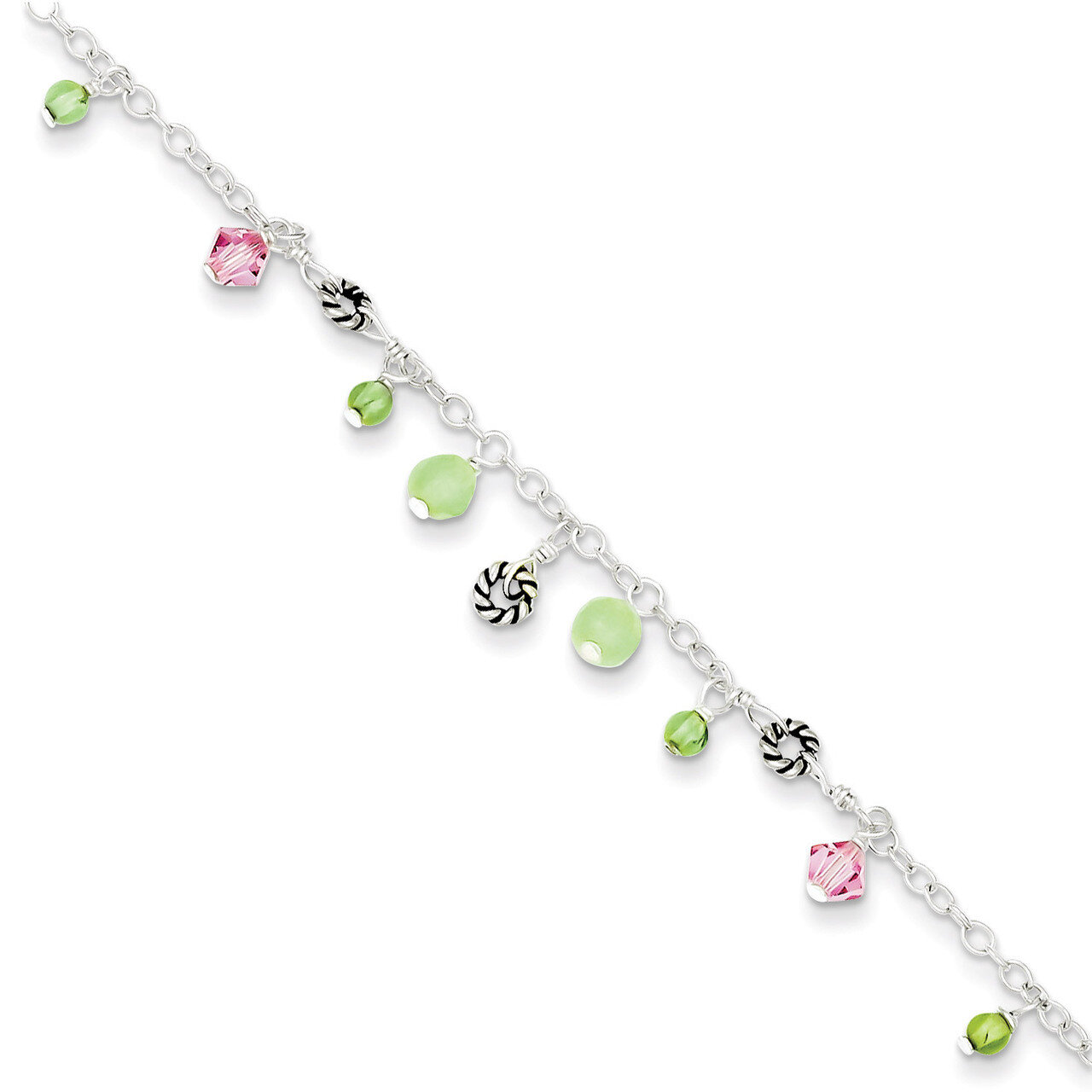 9 Inch Pink Crystal Green Quartz &amp; Peridot Bead Ankle Bracelet Sterling Silver QG1401-9, MPN: QG140…