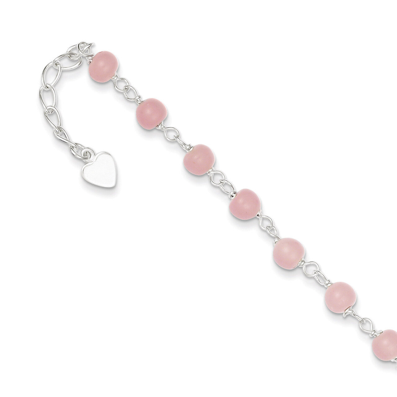 9 Inch Pink Glass Bead with Heart Anklet Sterling Silver QG1428-9, MPN: QG1428-9, 883957947198