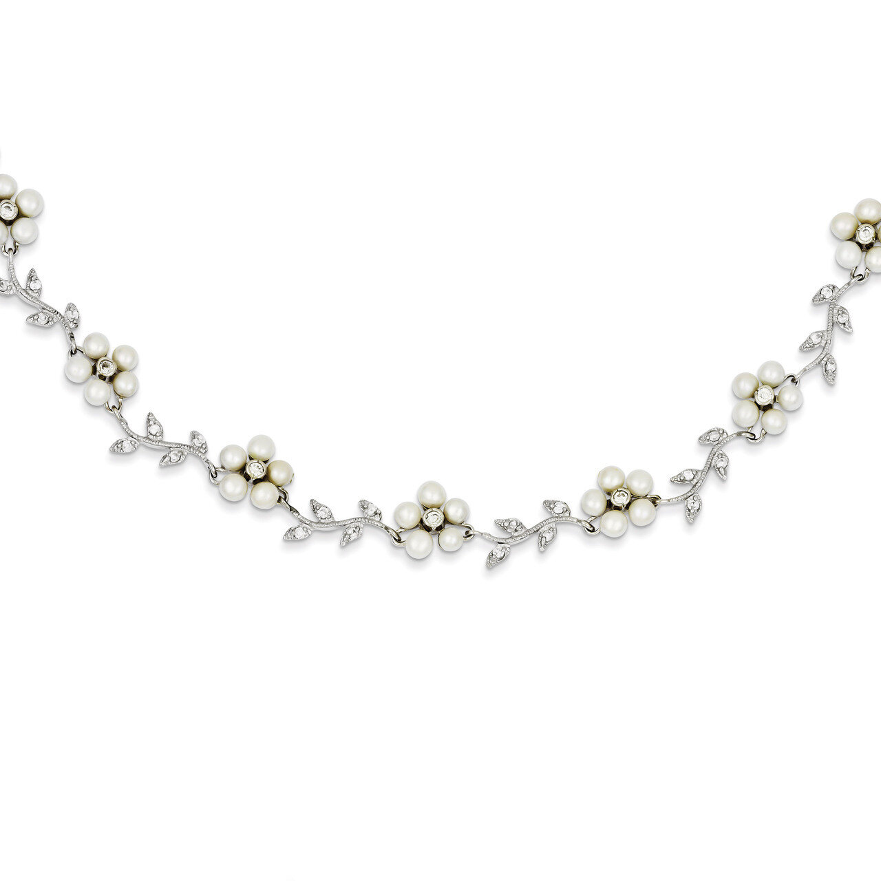16 Inch Pearl and Diamond Floral Necklace Sterling Silver Cultured QG1805-16, MPN: QG1805-16, 19110…