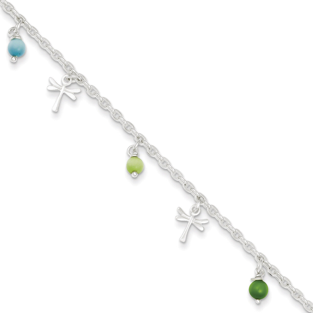 10 Inch Dragonflies Aqua &amp; Green Beads 9in 1ext. Anklet Sterling Silver Polished QG2142-10, MPN: QG…