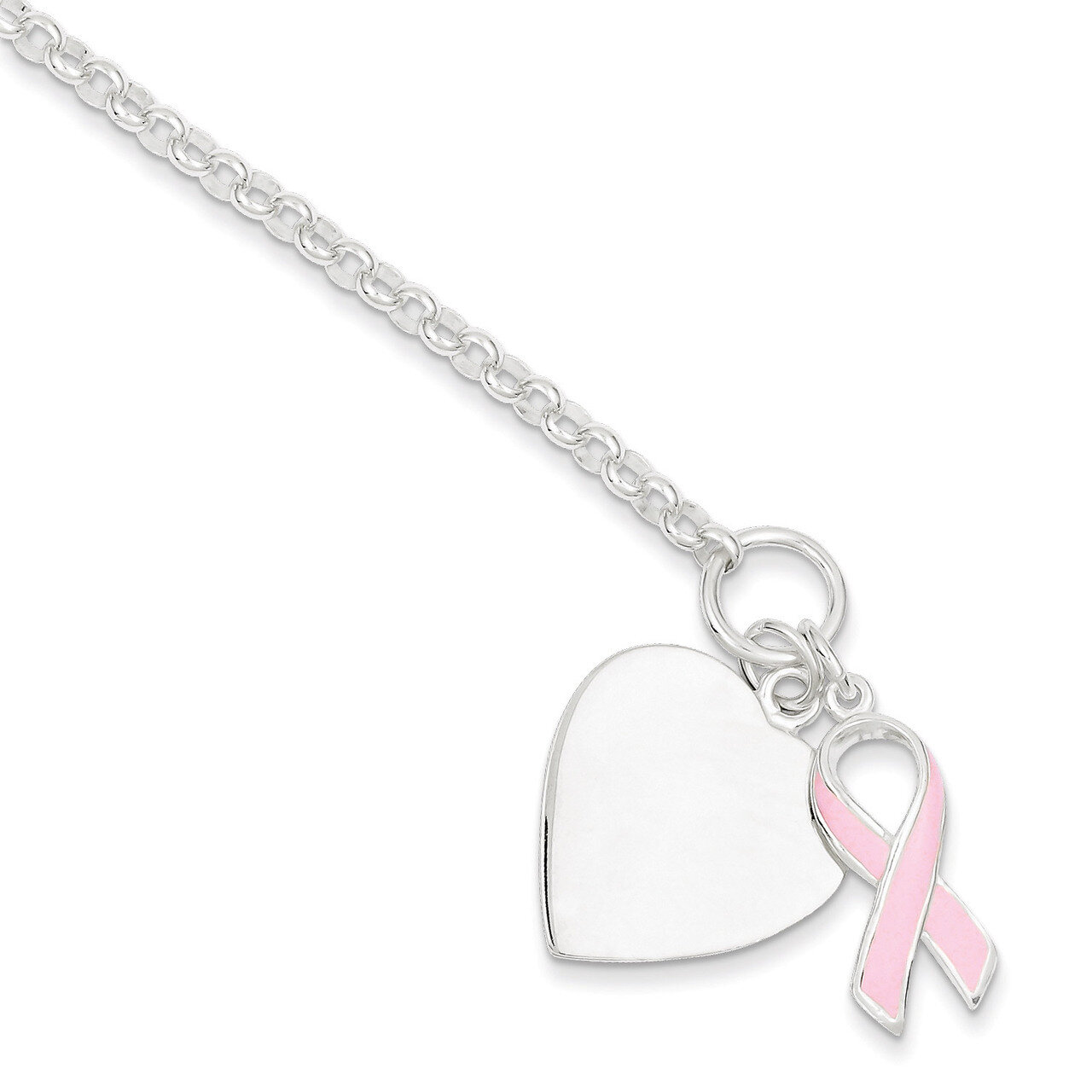 7.5 Inch Heart with Pink Ribbon Bracelet Sterling Silver Fancy QG2171-7.5