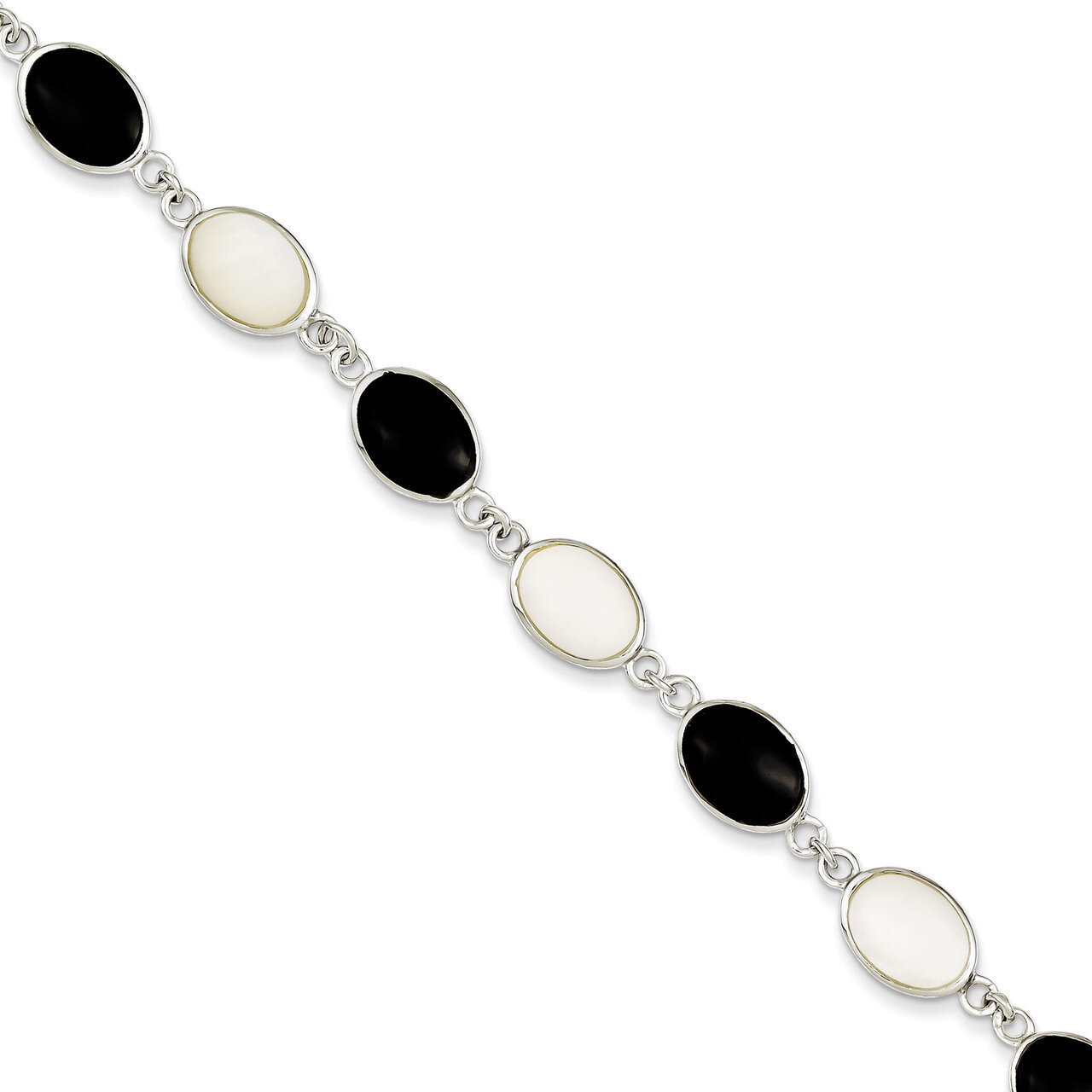 7 Inch Onyx &amp; Mother of Pearl Bracelet Sterling Silver QG2399-7, MPN: QG2399-7, 191101275708