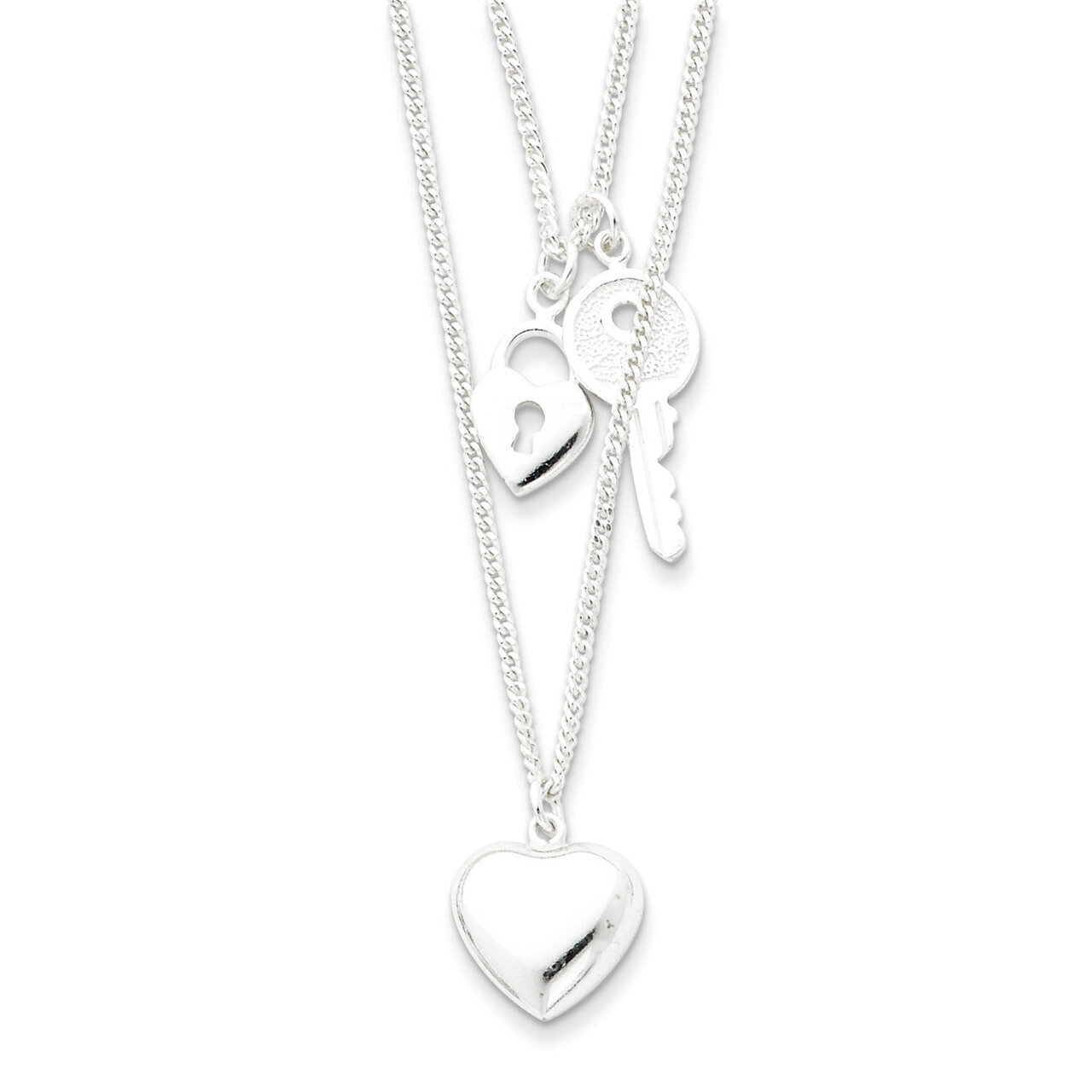 18 Inch Double Heart & Key Necklace Sterling Silver QG2530-18