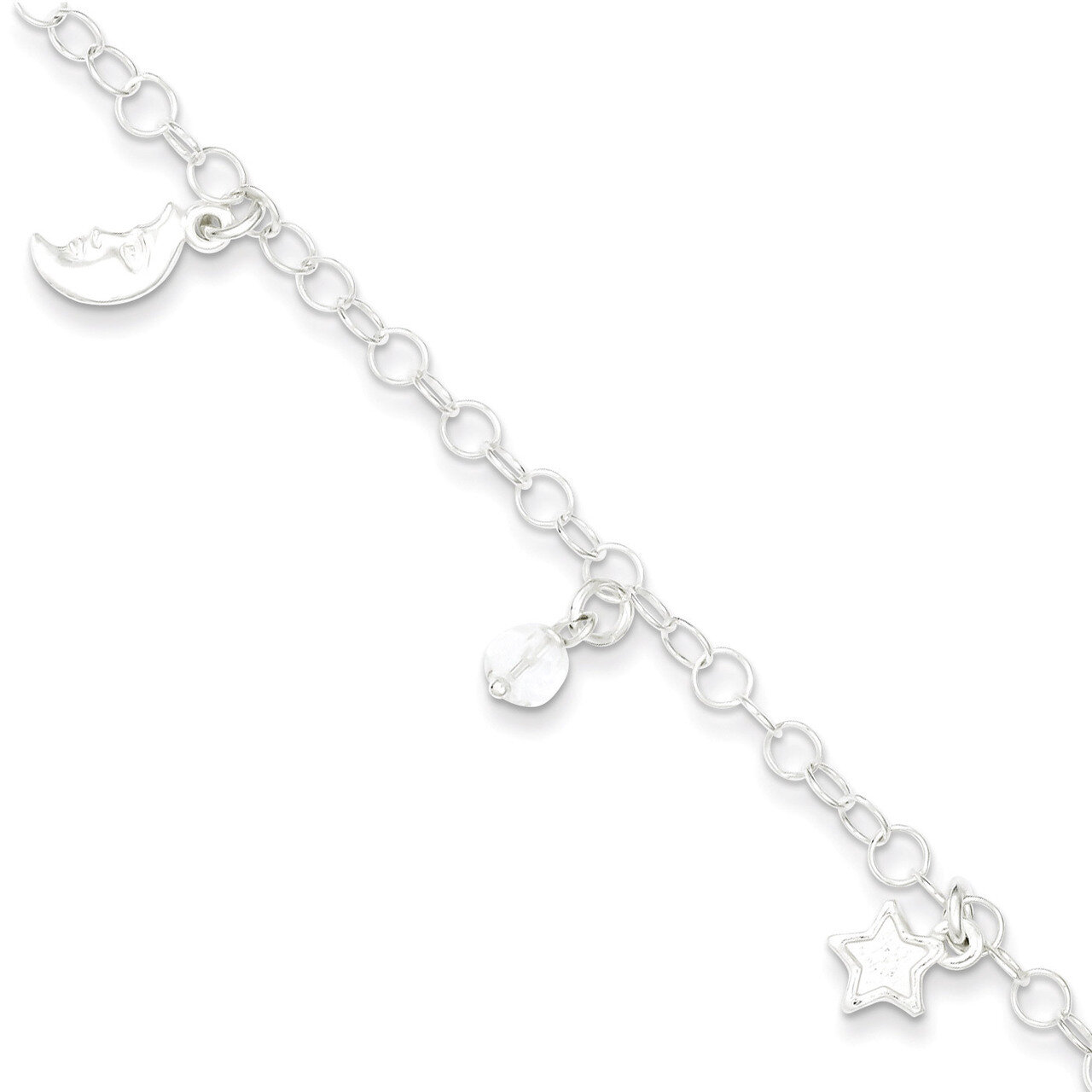 9 Inch Sun, Moon &amp; Stars with &amp; Extension Anklet Sterling Silver Polished QG2777-9, MPN: QG2777-9, …