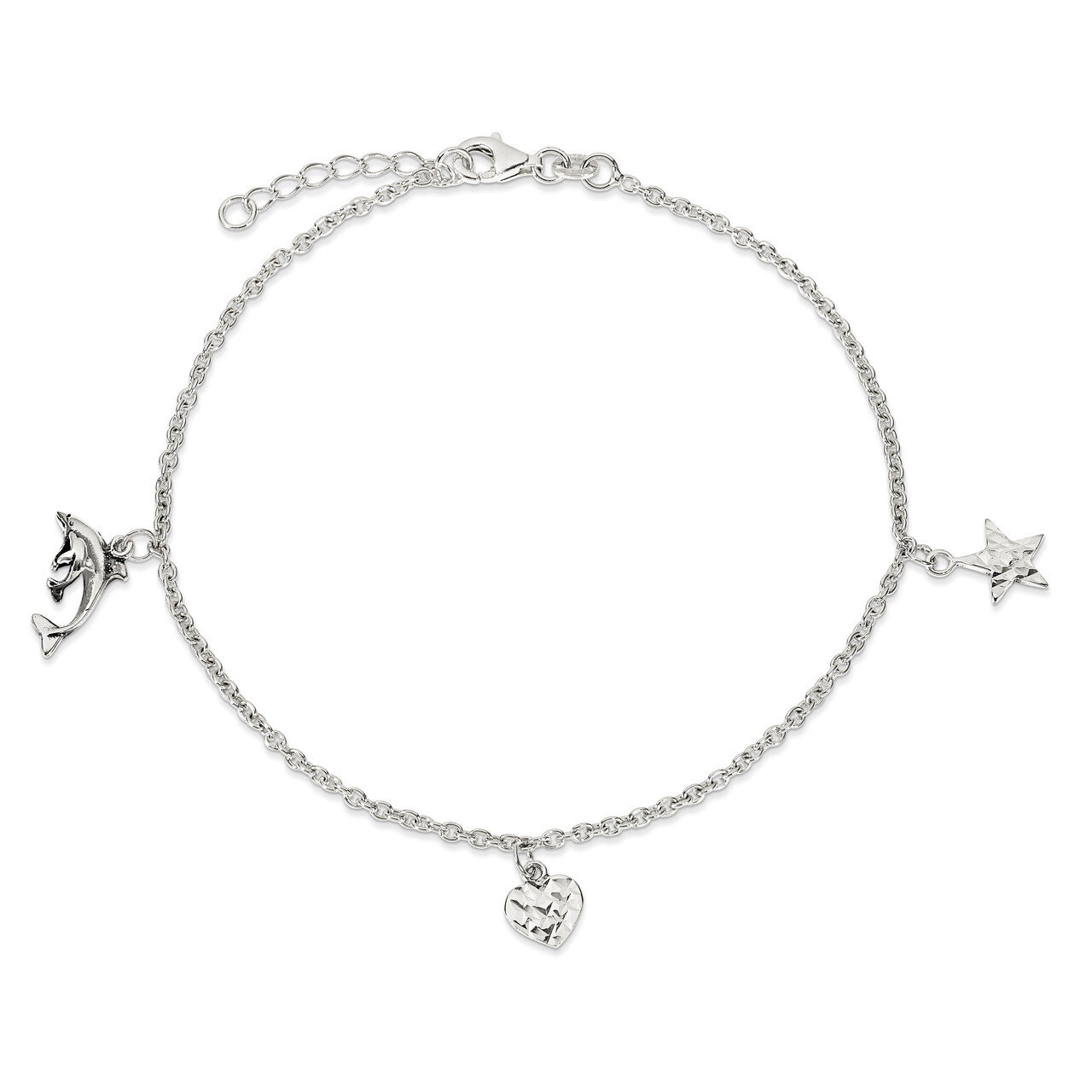 9 Inch Heart, Star & Dolphin Anklet Sterling Silver Polished QG2788-9