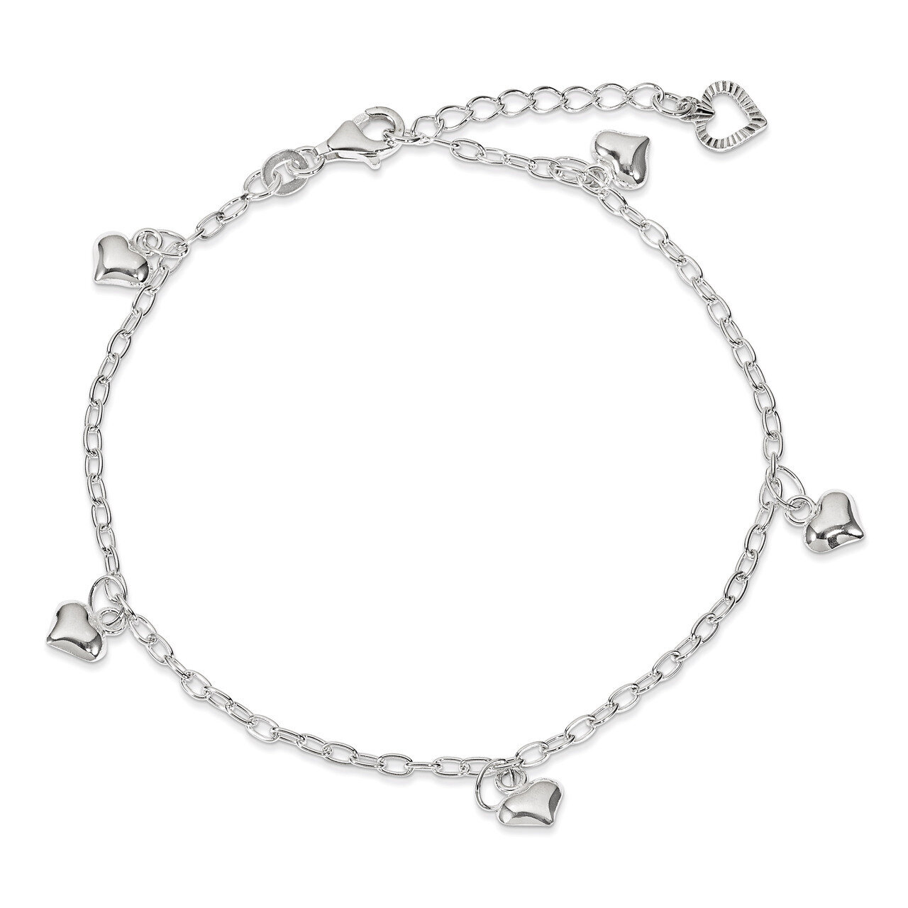 9 Inch Puffed Heart Anklet Sterling Silver Polished QG2791-9