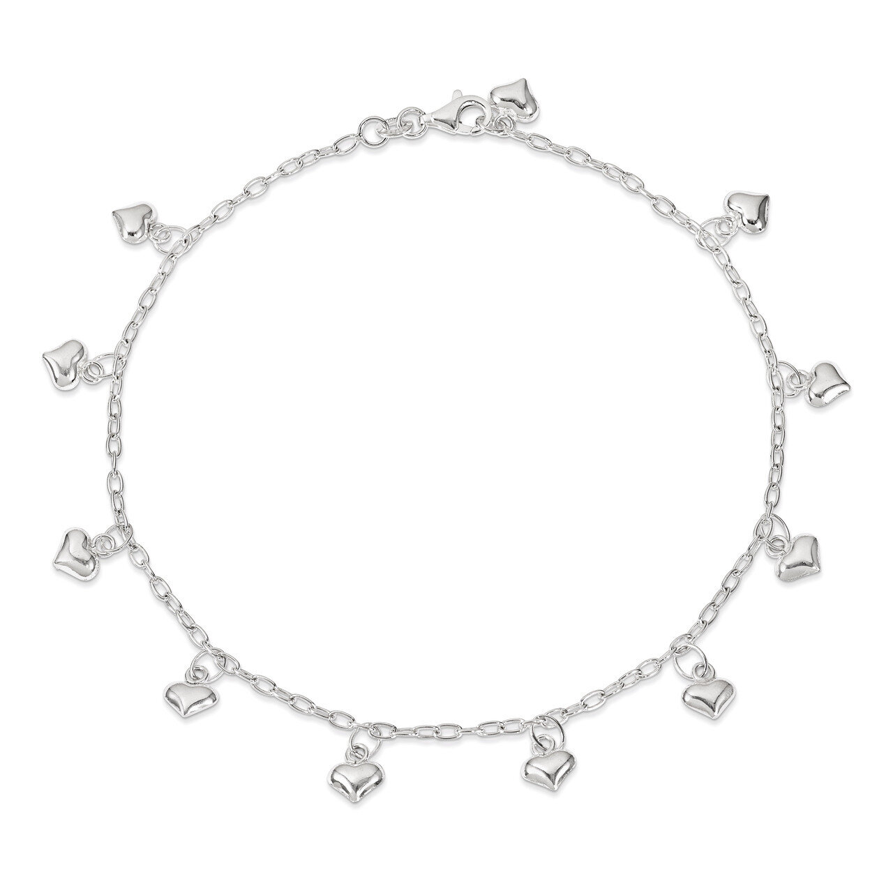 10 Inch Puffed Heart Anklet Sterling Silver Polished QG2792-10