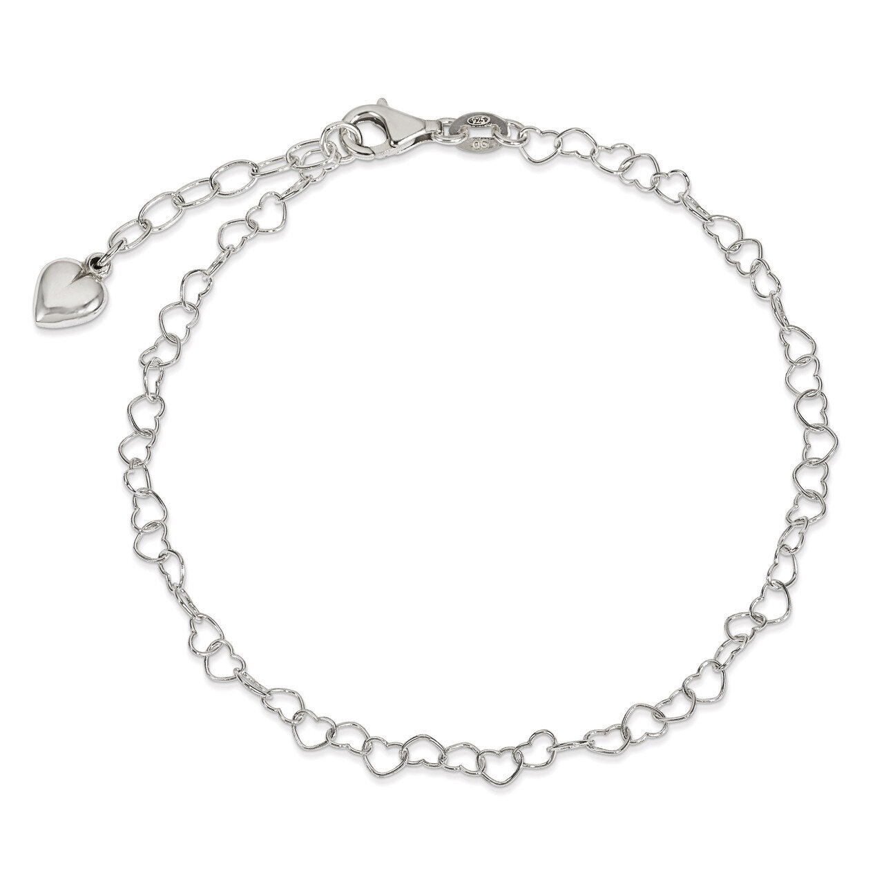 9 Inch Puffed Heart with &amp; Extension Anklet Sterling Silver Polished QG2793-9, MPN: QG2793-9, 88677…
