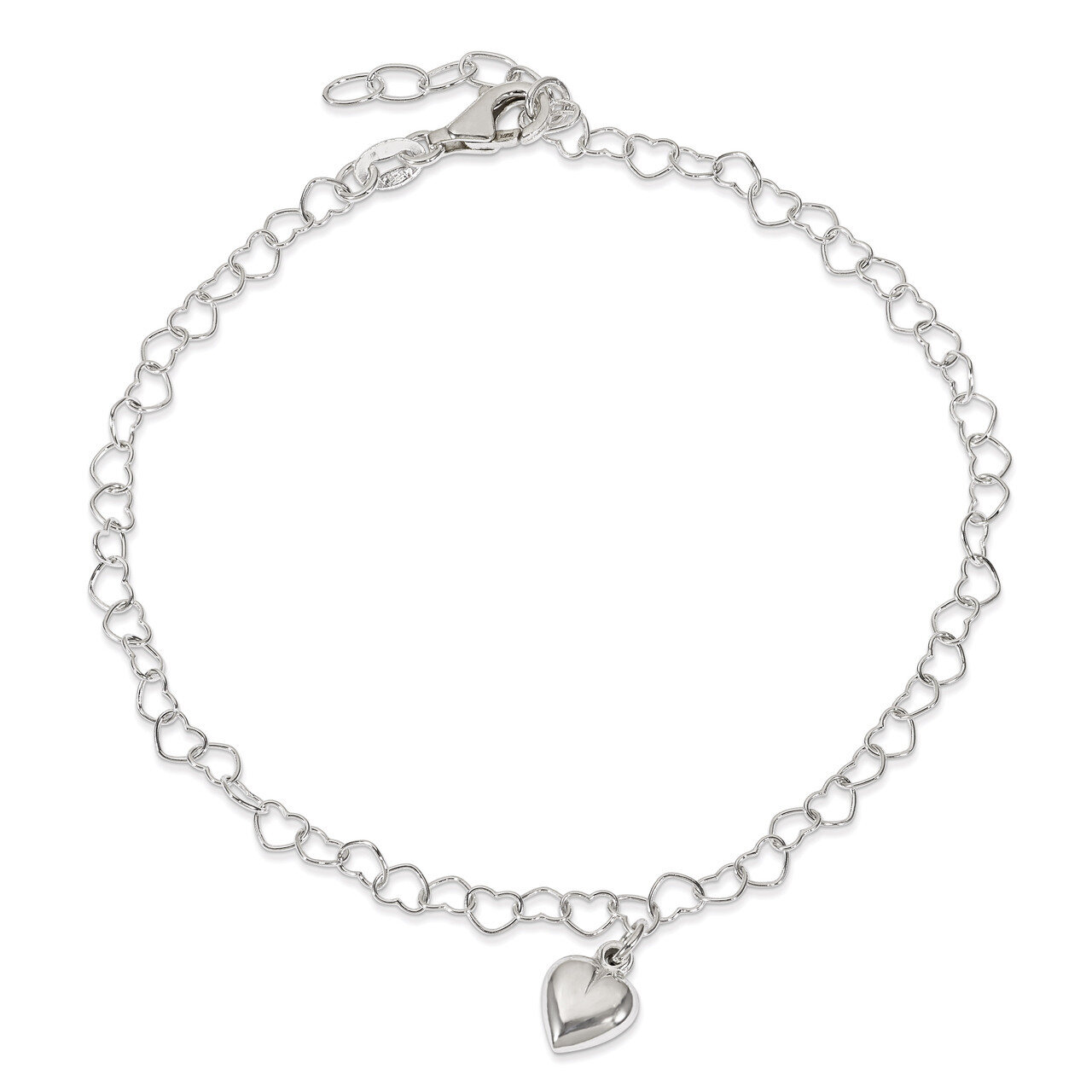 9 Inch Fancy Link Puffed Heart with & Extension Anklet Sterling Silver Polished QG2794-9