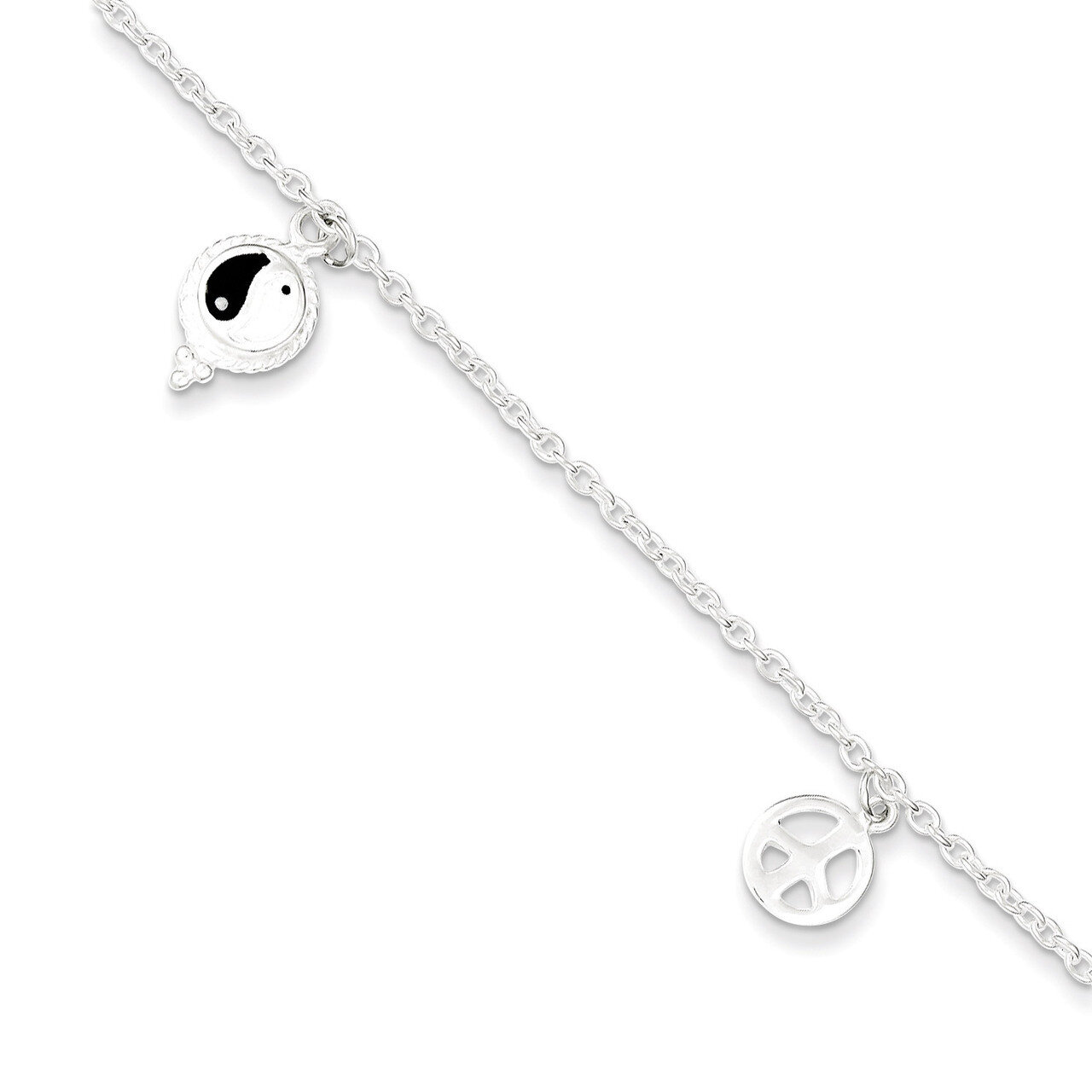 9 Inch Hearts &amp; Peace Sign Anklet Sterling Silver Polished QG2797-9, MPN: QG2797-9, 886774988276