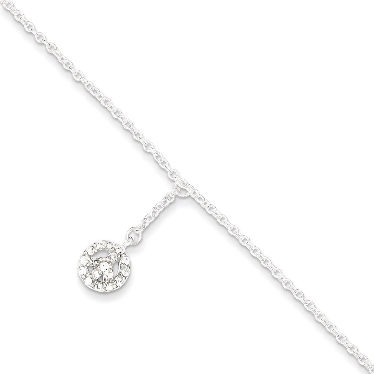 9 Inch 9 1in ext Diamond Peace Symbol Charm Anklet Sterling Silver QG2798-9, MPN: QG2798-9, 8867749…