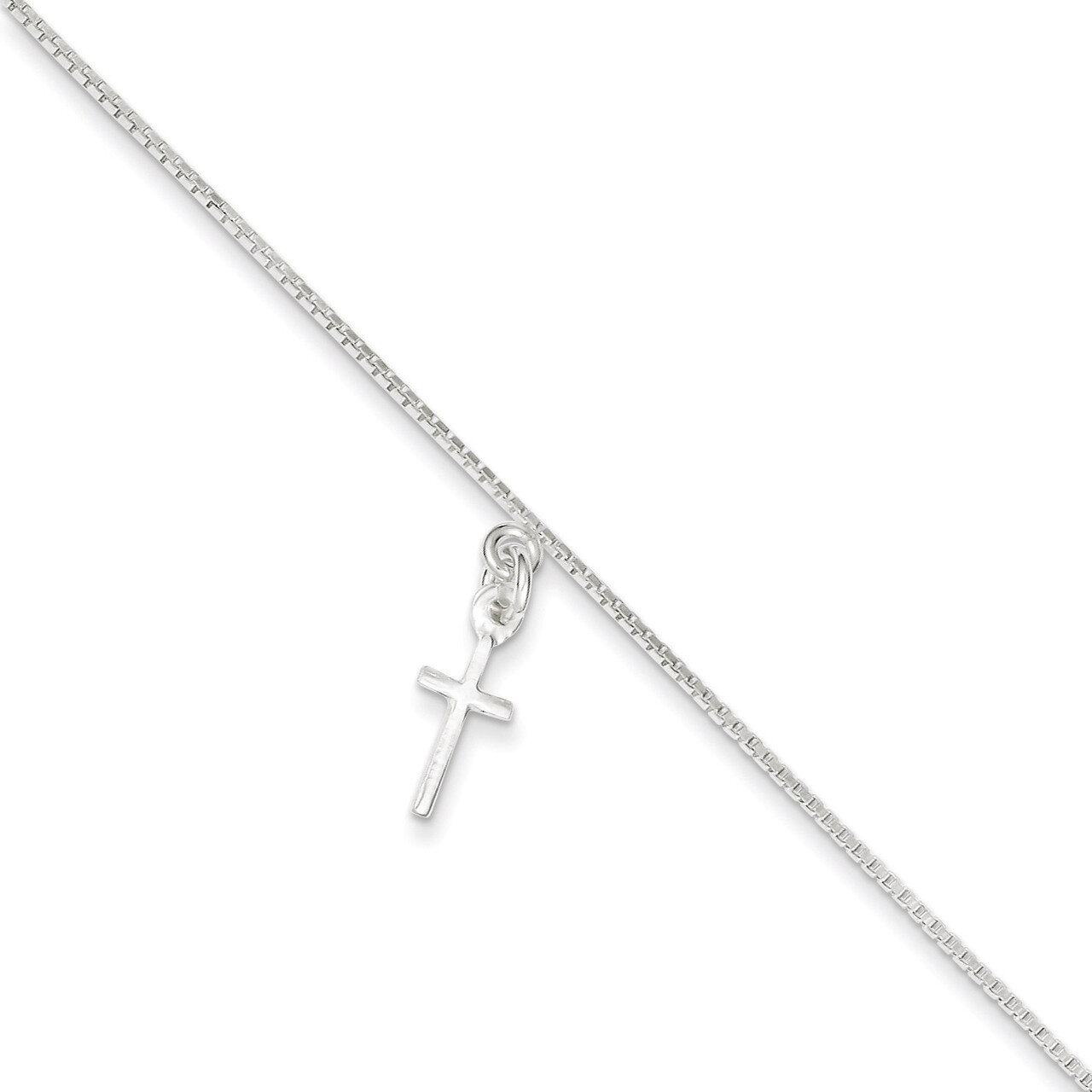10 Inch Cross on Box Chain Anklet Sterling Silver Solid Polished QG281-10