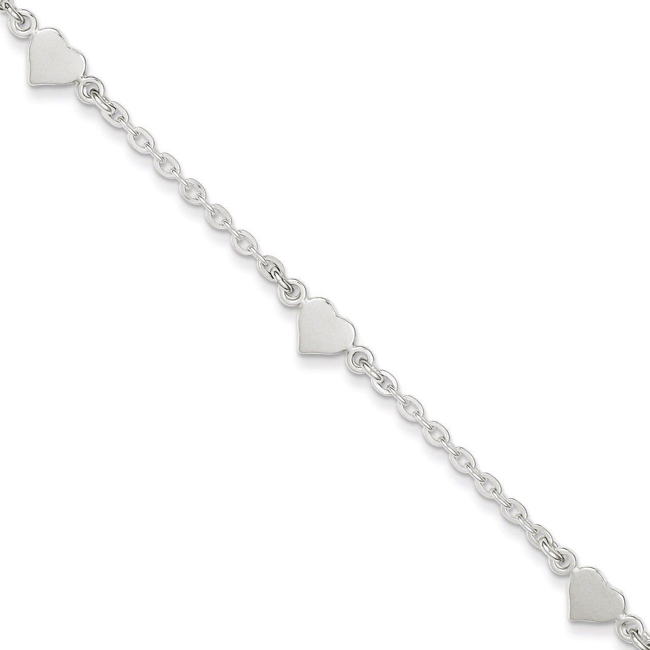9 Inch 9 Polished Heart with &amp; Extension Anklet Sterling Silver QG2812-9