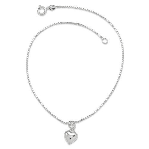 10 Inch 3-Dimensional Puffed Heart Anklet Sterling Silver Polished QG283-10