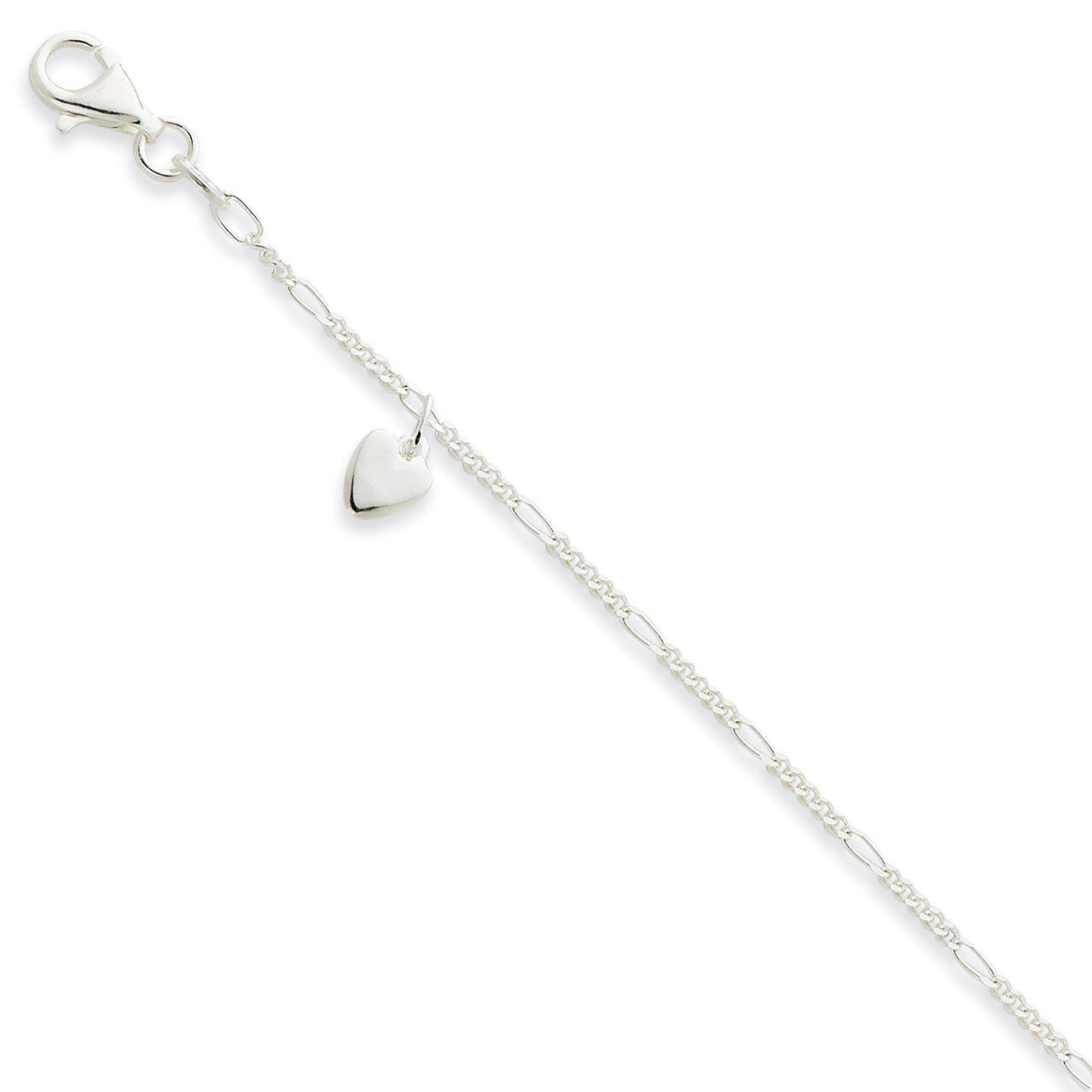 10 Inch Dangling Hearts on Figaro Anklet Sterling Silver Polished QG289-10