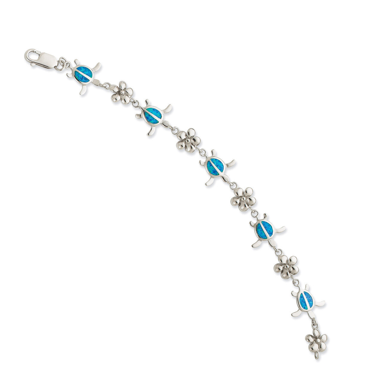 7 Inch 7in Created Blue Opal Inlay Tortoise Flower Bracelet Sterling Silver QG3114-7, MPN: QG3114-7…