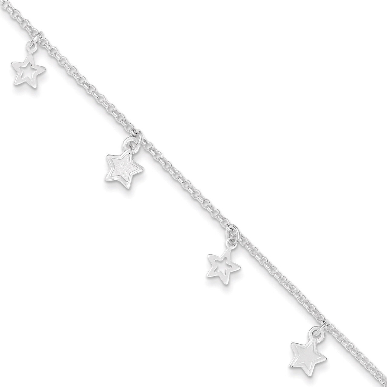 9 Inch Textured Star &amp; Extension Anklet Sterling Silver Polished QG3137-9, MPN: QG3137-9, 886774988…
