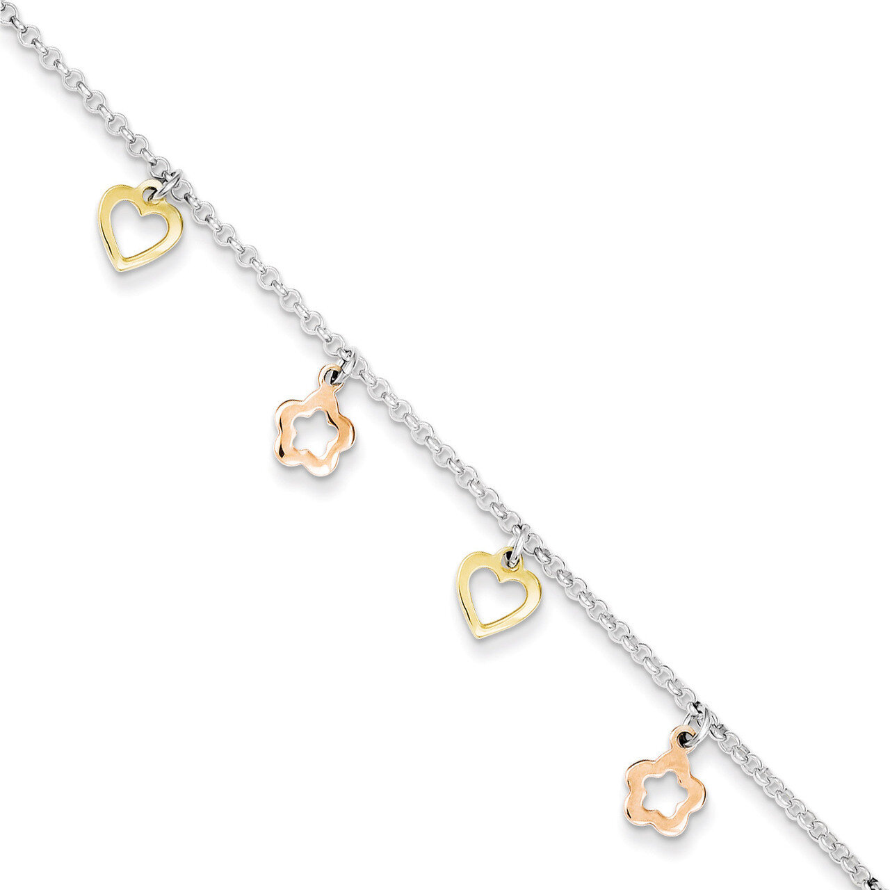 9 Inch Gold & Rose-tone Heart Flower & Extension Anklet Sterling Silver Polished QG3138-9