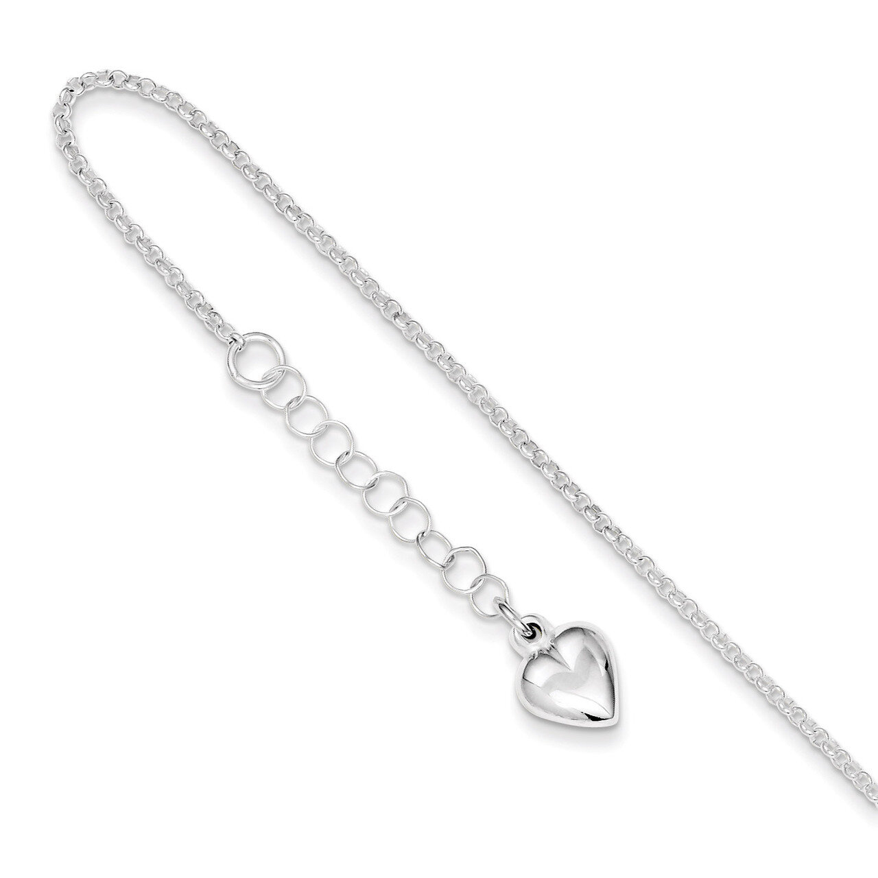9 Inch Heart & Extension Anklet Sterling Silver Polished QG3141-9