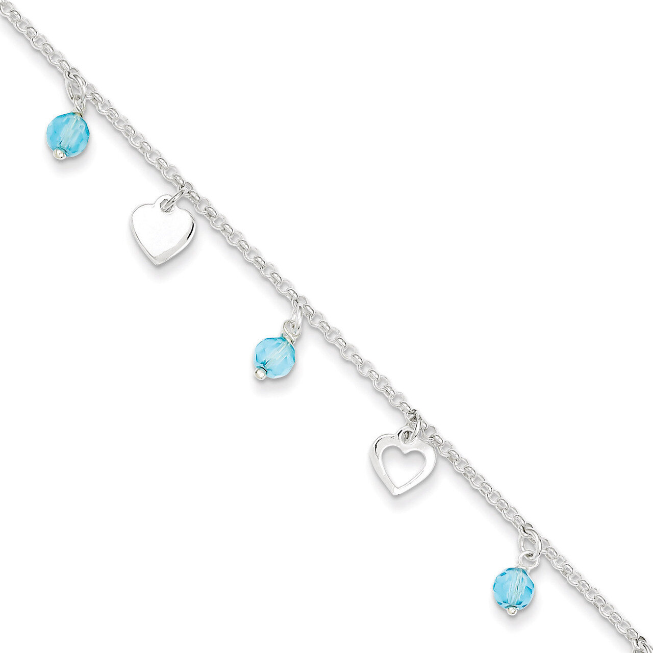 9 Inch 9 Polished Heart and Blue Glass &amp; Extension Anklet Sterling Silver QG3149-9, MPN: QG3149-9, …