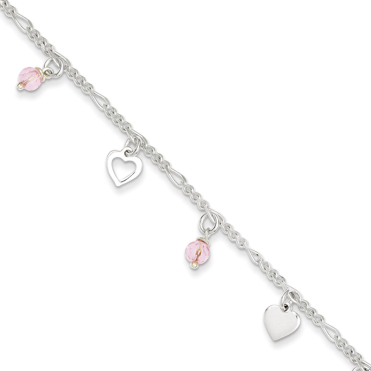 9 Inch 9 Polished Heart and Rose Glass &amp; Extension Anklet Sterling Silver QG3150-9, MPN: QG3150-9, …