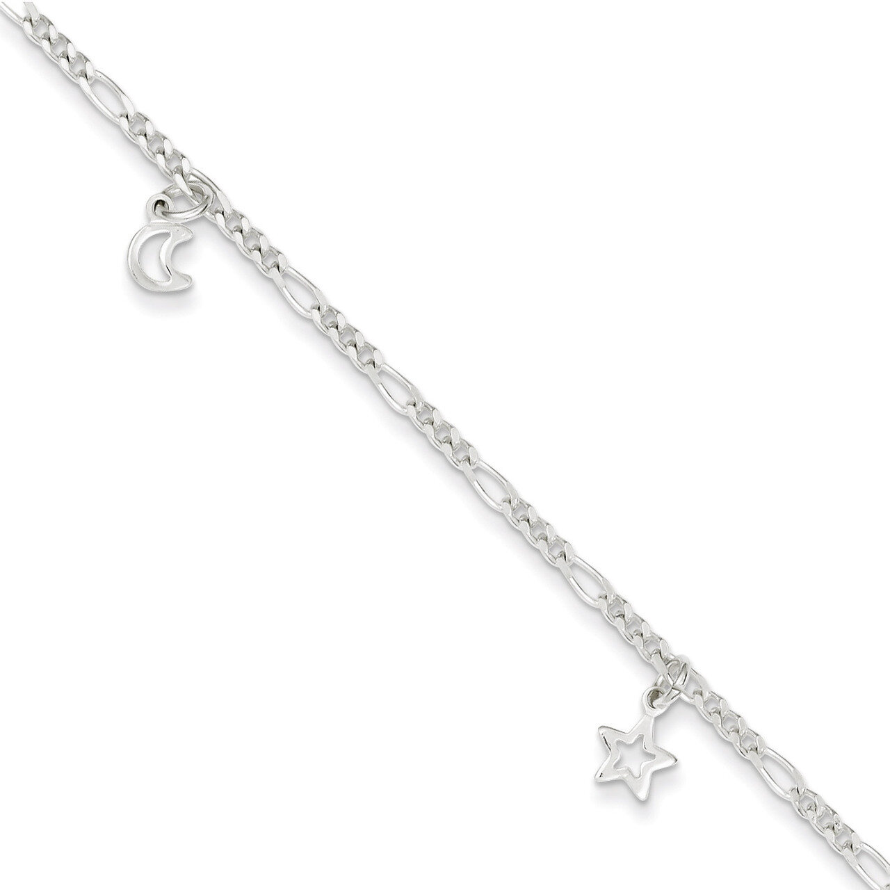 9 Inch Star and Moon &amp; Extension Anklet Sterling Silver Polished QG3157-9, MPN: QG3157-9, 886774988…