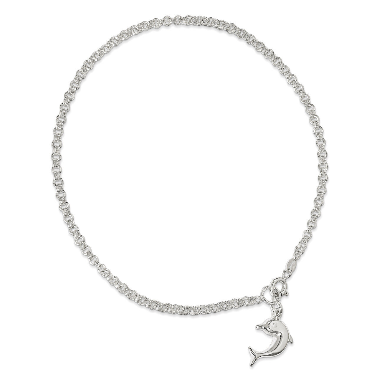 10 Inch Hollow Polished 3-Dimensional Dolphin Anklet Sterling Silver QG431-10