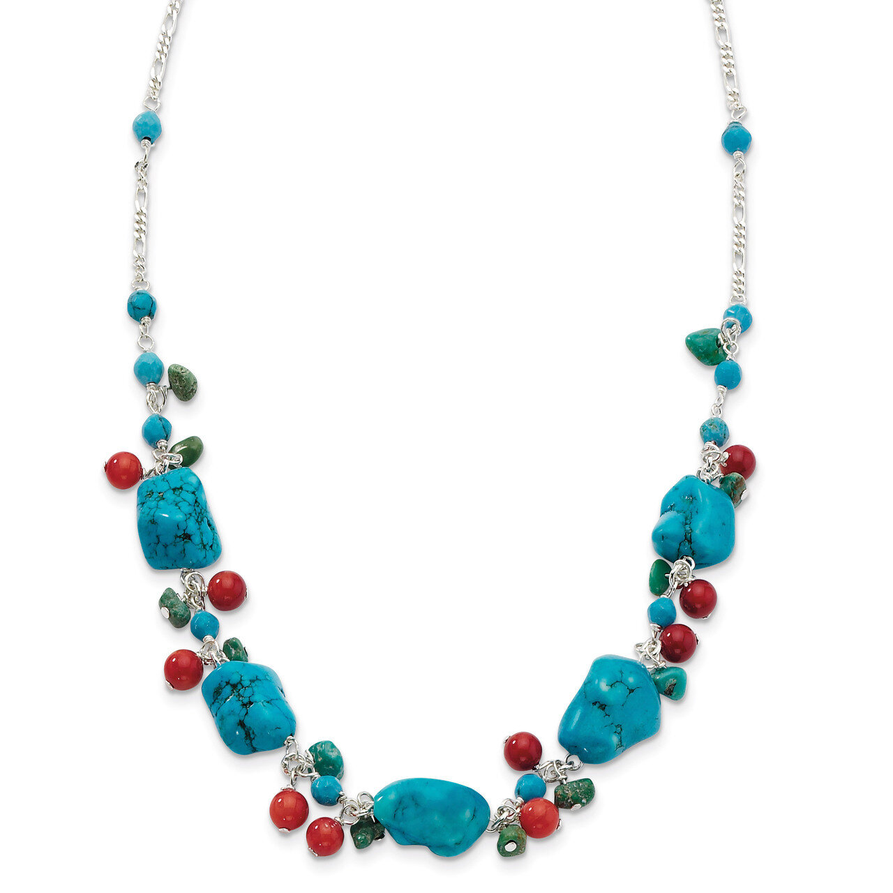 16 Inch Dyed Howlite Turquoise Red Coral Necklace Sterling Silver QH2313-16, MPN: QH2313-16, 886774…