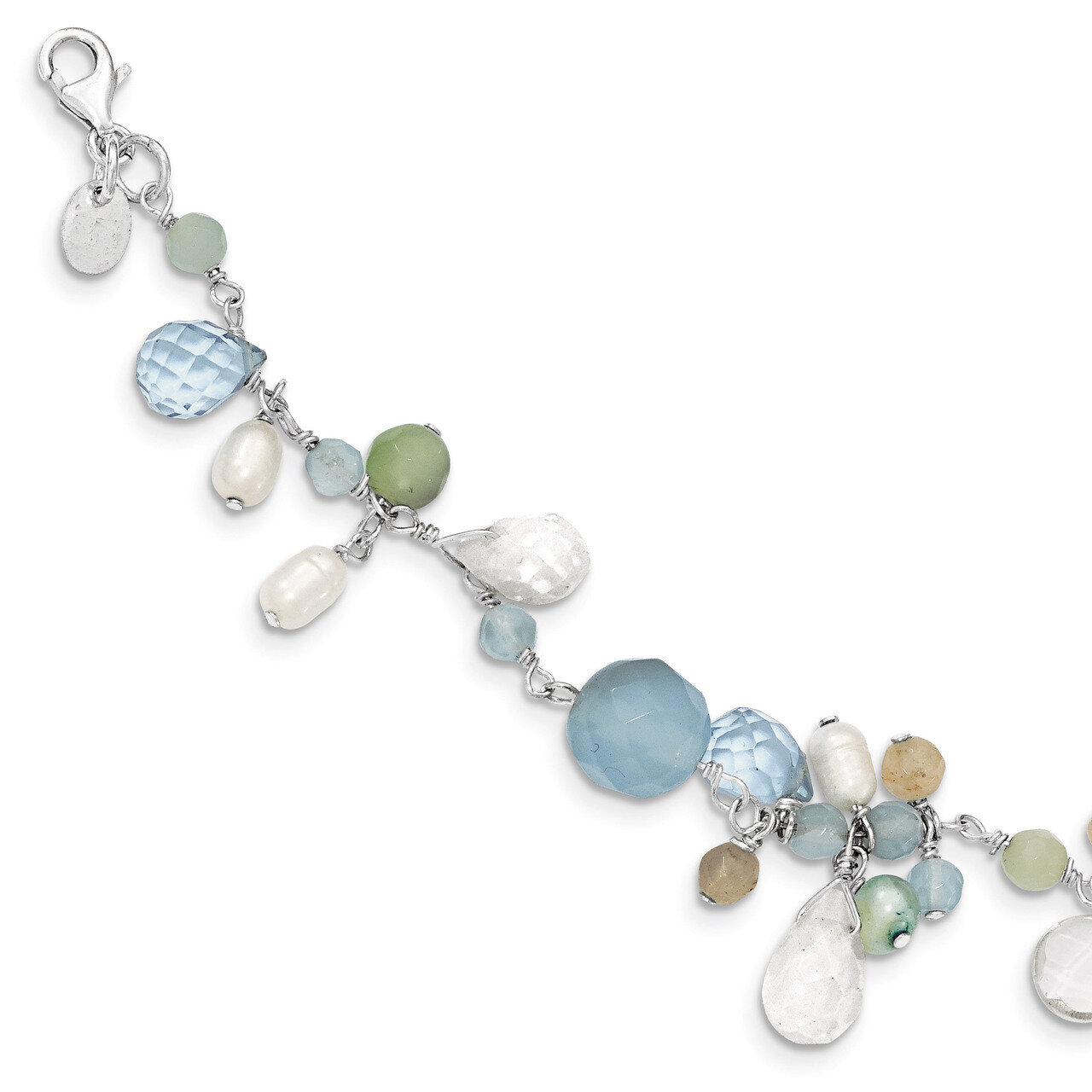 7.5 Inch B. Lace Agate Opalite Amazonite Cultured Pearl Necklace Sterling Silver QH2329-7.5