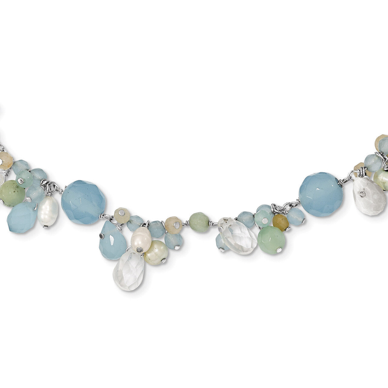 16 Inch Blue Topaz Crystal Opalite Amazonite Cultured Pearl Necklace Sterling Silver QH2330-16