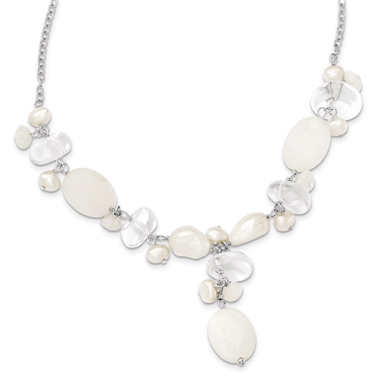 16 Inch Moonstone Cultured Pearl Rock Qtz White Jade Necklace Sterling Silver QH2475-16, MPN: QH247…