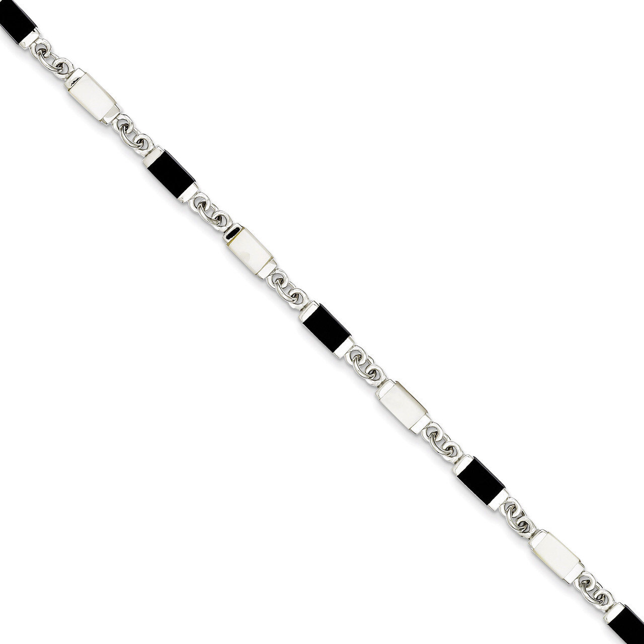 7 Inch Onyx &amp; Mother Of Pearl Bracelet Sterling Silver Fancy QH382-7, MPN: QH382-7, 191101276736