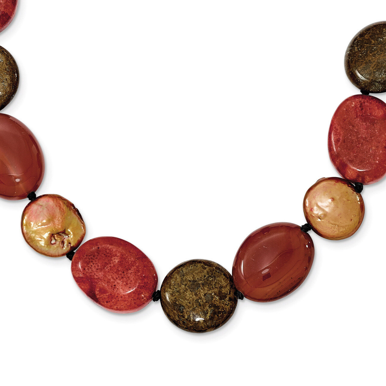 18 Inch Tiger Carnelian Reconstituted Coral Cultured Pearl Necklace Sterling Silver QH4554-18, MPN:…