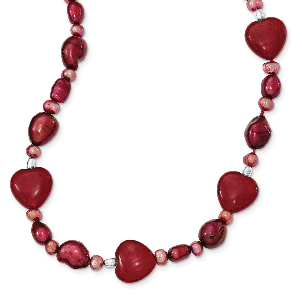 17 Inch Red Jade Hearts Cultured Pearl Necklace Sterling Silver QH4558-17