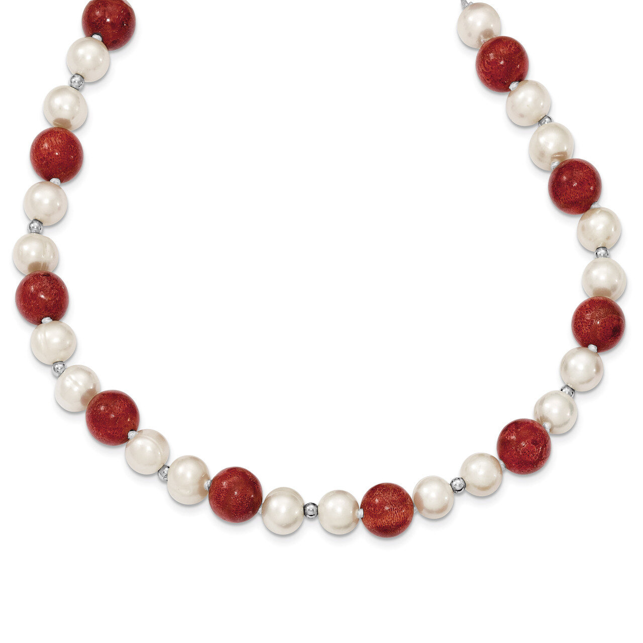 18 Inch Pearls &amp; Stabilized Red Coral Necklace Sterling Silver Cultured QH4560-18, MPN: QH4560-18, …