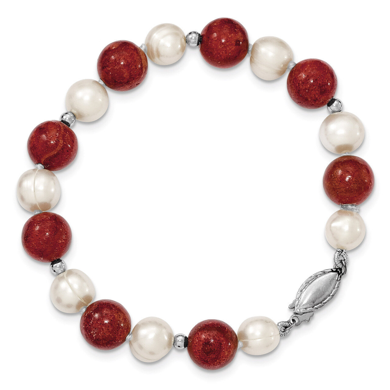 7.5 Inch Pearl &amp; Stabilized Red Coral Bracelet Sterling Silver Cultured QH4561-7.5, MPN: QH4561-7.5…